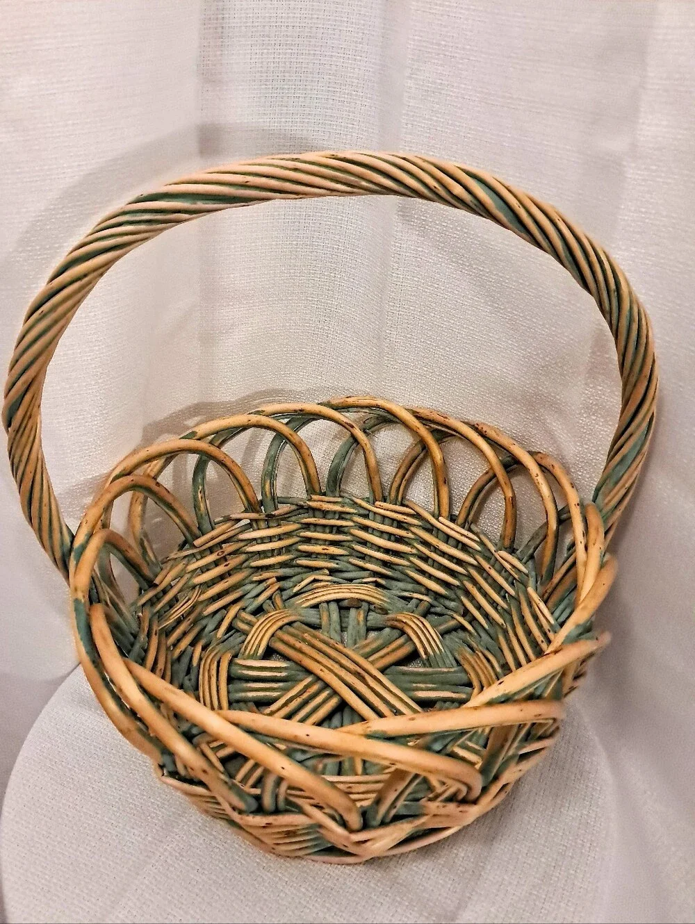 Vintage Large Handwoven Wicker Basket Green & Natural Twisted Handle Cottagecore